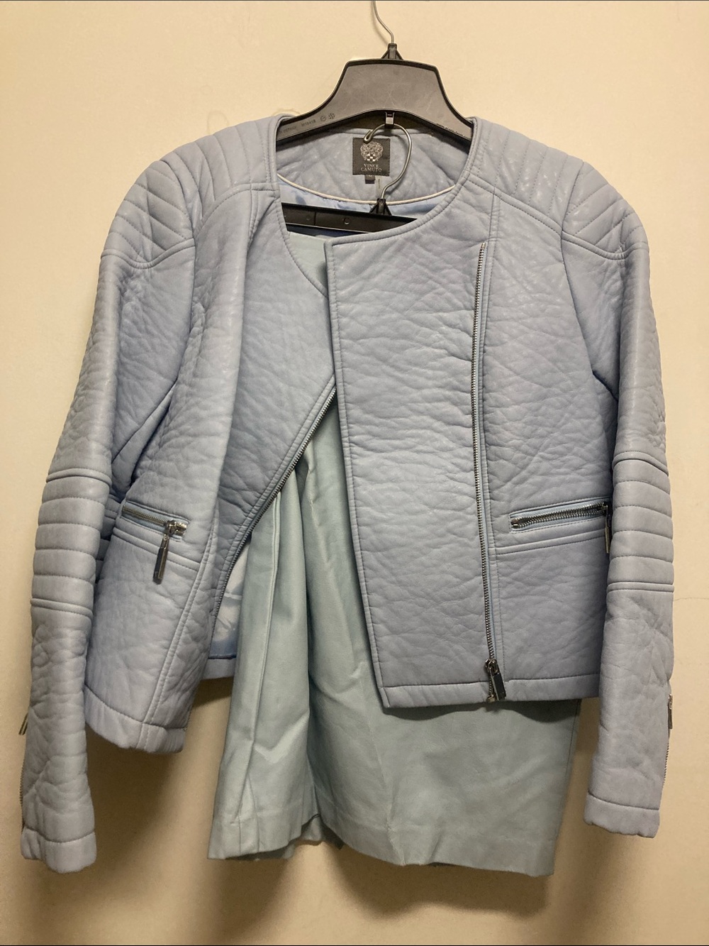 Vince Camuto Light Blue Quilted Moto Jacket size M; skirt size 12